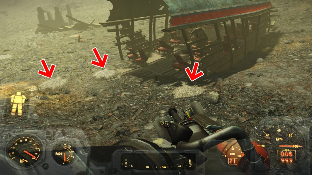 このロケーションには墜落した旅客機の残骸が点在していますが、クエスト目標は地面に灰の山が点在しているところが目印になります。