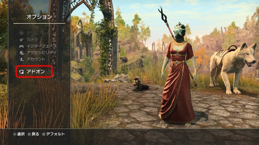 １．ログイン画面またはゲーム内画面からオプション > アドオン の順で開く