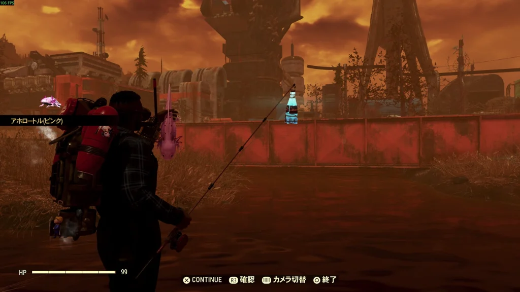 クランベリー湿原にて、天候管理装置で天候を核に変更した上で「いい釣り餌」を使うことでアホロートル 2月分（ピンク）を釣り上げることができた。