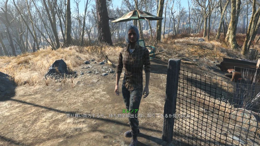 「フェアライン・ビル私有地」の近くに固定で出現する商人NPCのエレノア。