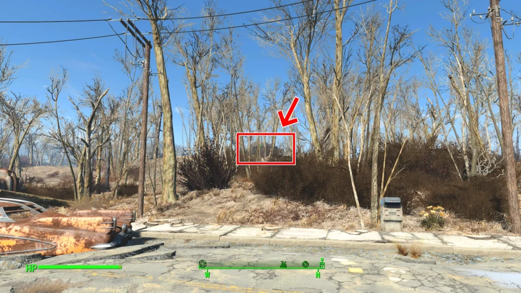 「フェアライン・ビル私有地」に到着したら、青いポストの奥の雑木林の中にトレーラーハウスが見えるのでそこを目指す。