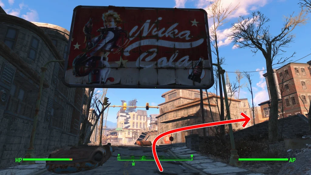 ヌカコーラの看板のあたりで右に曲がる