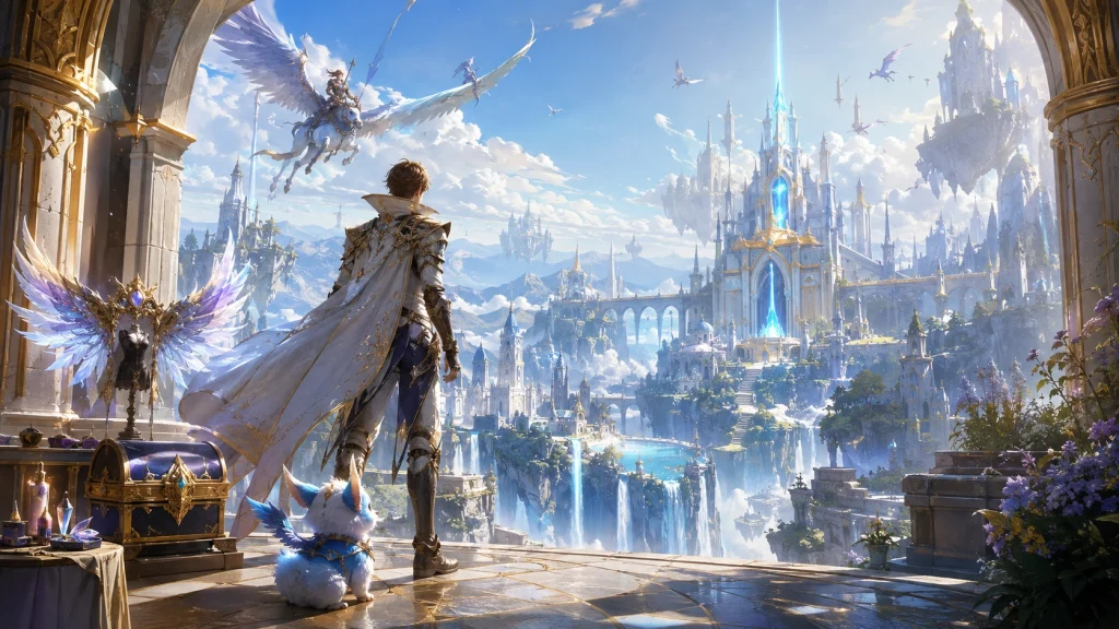 Aion2を課金前に無料で試す考え方を表現した、天空都市を見渡す冒険者とペットのファンタジーイラスト