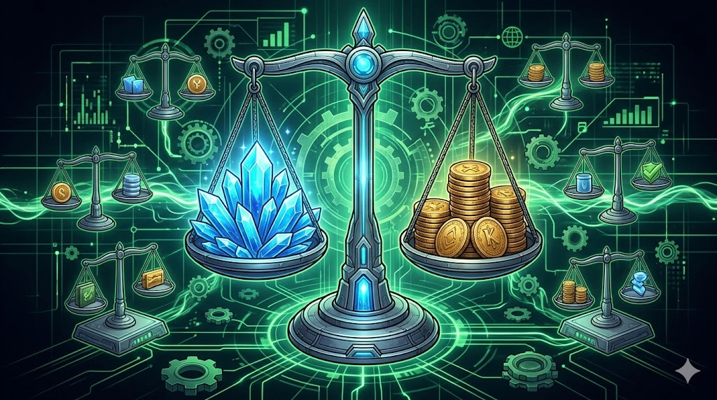 プレミアム通貨「Quna」の結晶とゲーム内通貨「Kinah」の金貨が天秤でバランスを取られている、Aion2の複雑な通貨交換システムを象徴するデジタルイラスト。背景にはデータラインと歯車。