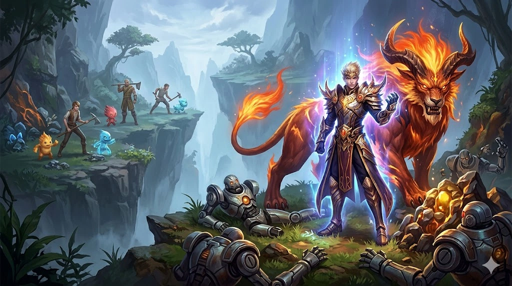 Aion2の「Eternal Island」で、強力に進化・変身したペット(Genus Insight)を連れた重課金プレイヤーと、Botの死骸の側で非効率に素材を集める無課金プレイヤーの圧倒的な戦闘力格差を描いたファンタジーイラスト。