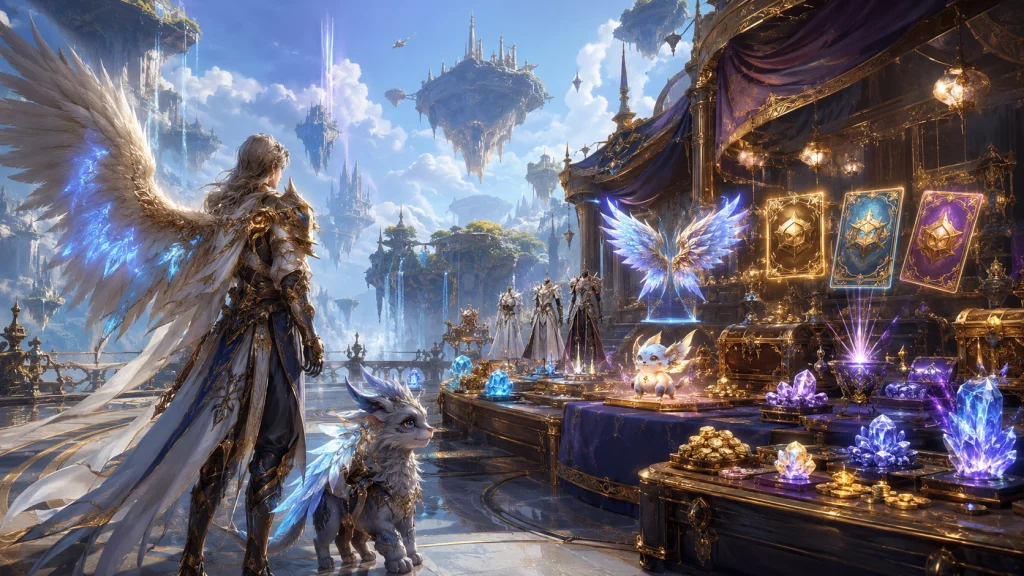 Aion2の課金要素をイメージした、翼やペット、衣装、魔法アイテムが並ぶファンタジー市場