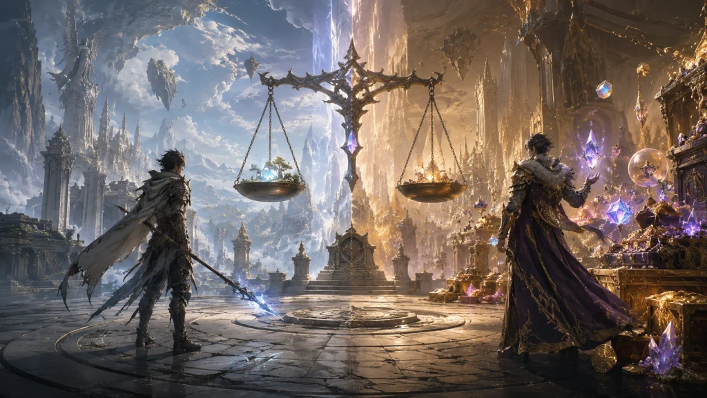 Aion2のP2Wと課金差をイメージした、冒険者と課金アイテムを天秤で対比するファンタジーイラスト