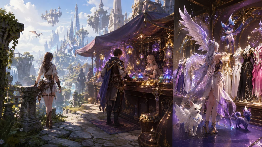 Aion2の課金額をプレイスタイル別に考える様子を表現した、探索・市場・衣装を描くファンタジーイラスト