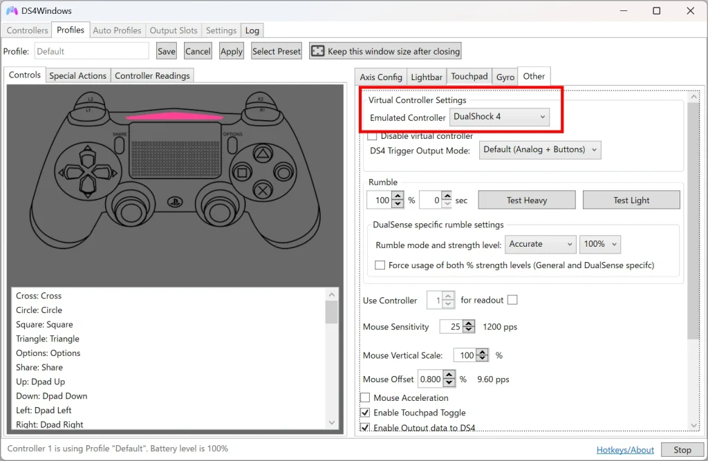 DS4Windowsの設定画面