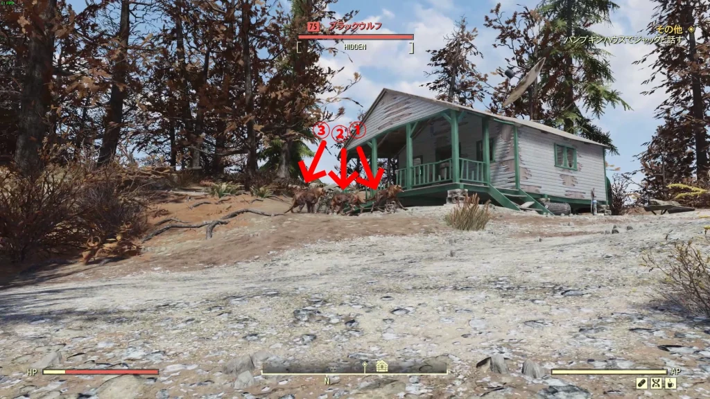 調査員の小屋に出現するウルフ3体を撮影したスクリーンショット