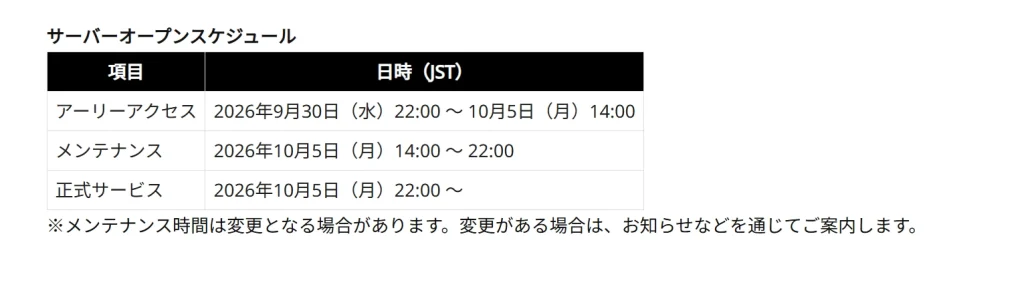 公式サイトのアーリーアクセス情報のスクリーンショット