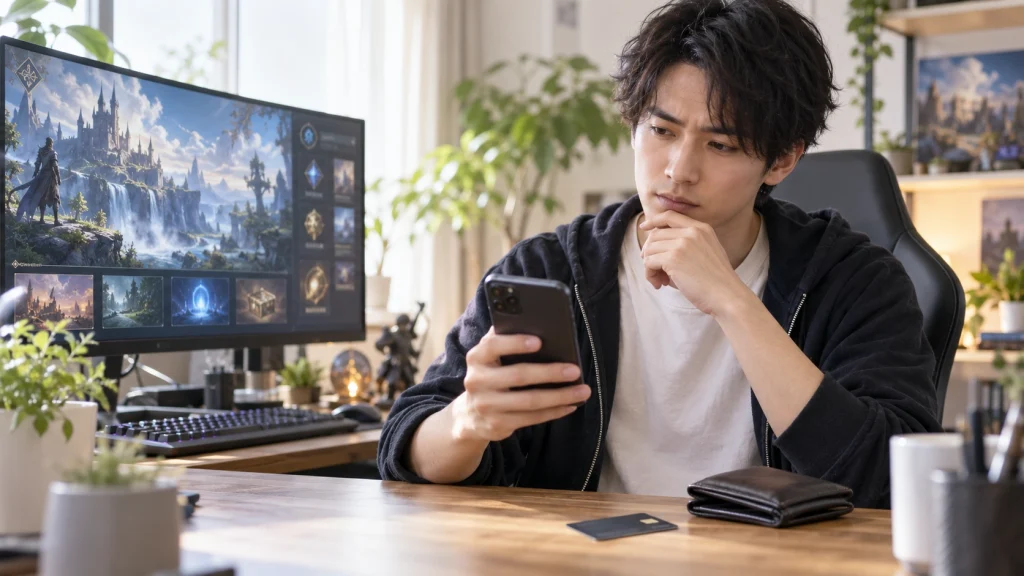 スターレゾナンスで課金するかスマホを見ながら検討する男性