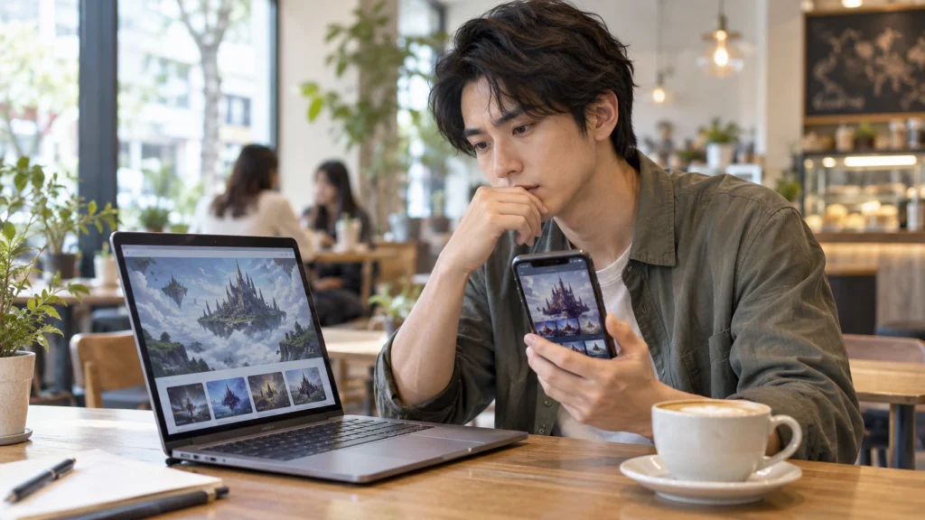 スターレゾナンスの評価や口コミをPCとスマホで調べる男性