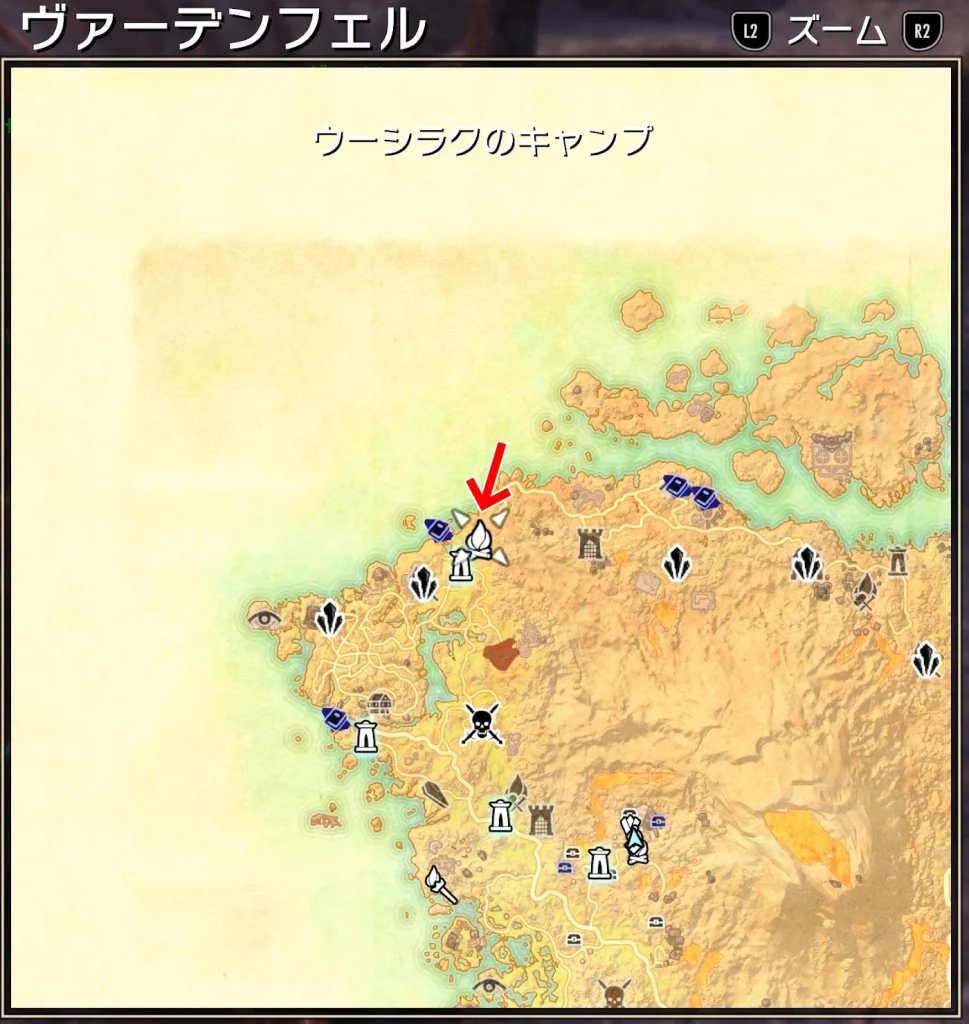 ウーシラクのキャンプの位置を示すゲーム内スクリーンショット